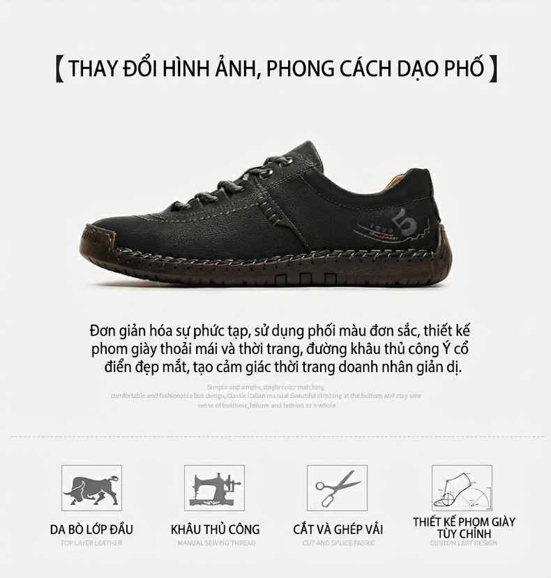 Giày Tây Buộc Dây Nam Da Mờ Thủ Công Chiều Cao Đế Khoảng 2cm Màu Nâu, Đen, Xanh Rêu chi tiết 2