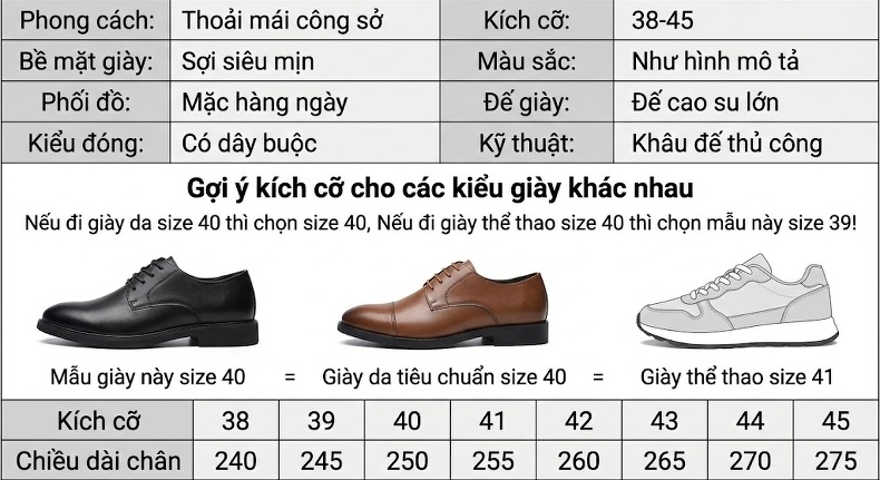 Giày Tây Buộc Dây Nam Da Mờ Thủ Công Chiều Cao Đế Khoảng 2cm Màu Nâu, Đen, Xanh Rêu chi tiết 5