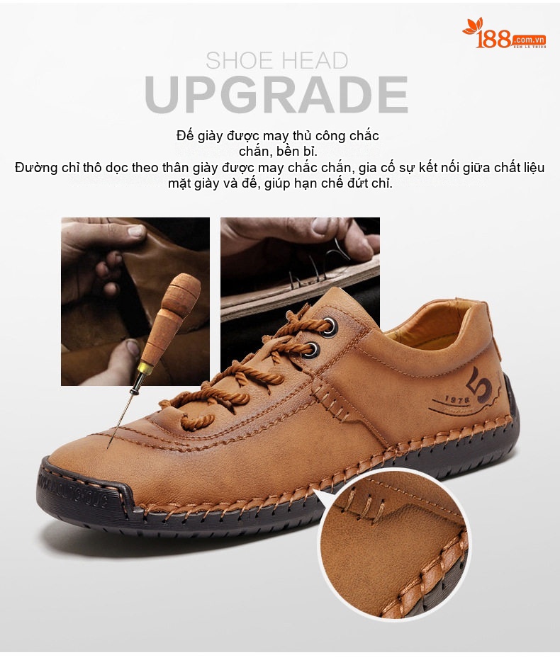 Giày Tây Buộc Dây Nam Da Mờ Thủ Công Chiều Cao Đế Khoảng 2cm Màu Nâu, Đen, Xanh Rêu chi tiết 11
