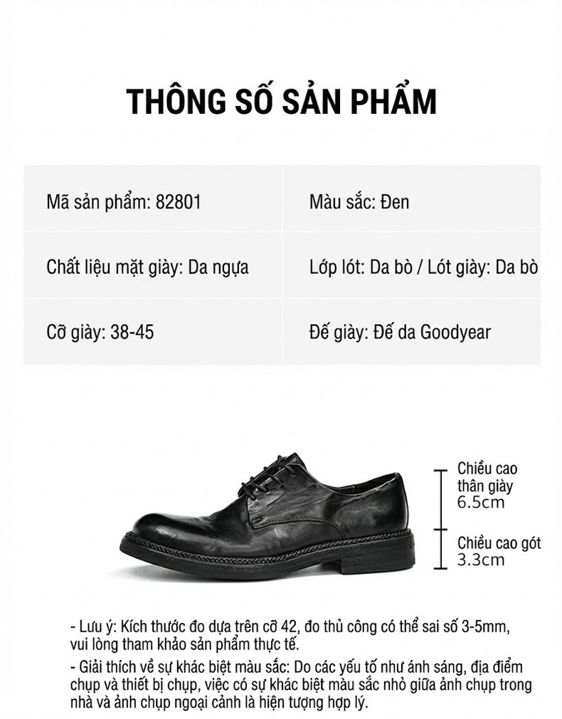 Giày Tây Buộc Dây Nam Da Ngựa Chiều Cao Đế Khoảng 3cm Màu Nâu, Đen chi tiết 3
