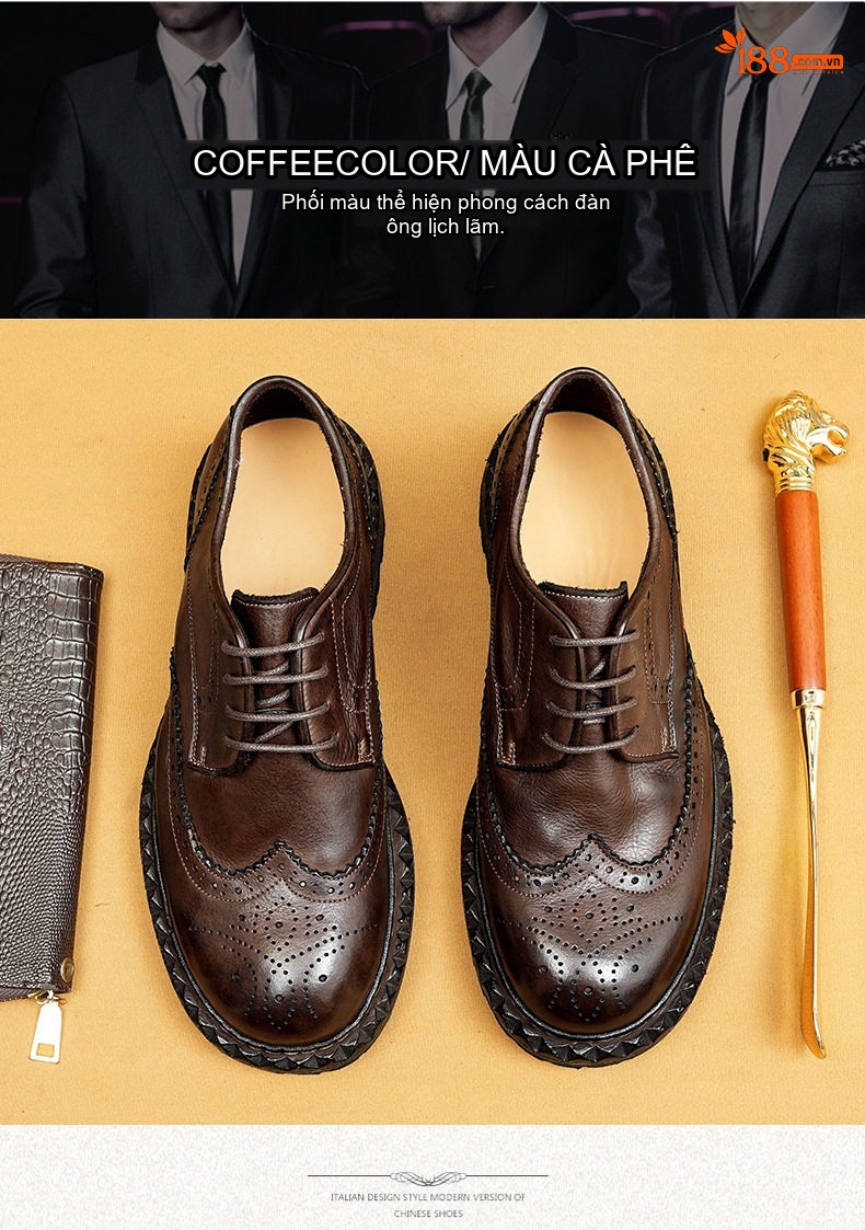 Giày Tây Buộc Dây Nam Da Ngựa Rửa Nước Chiều Cao Đế Khoảng 4cm Brogue Màu Đen, Nâu chi tiết 13