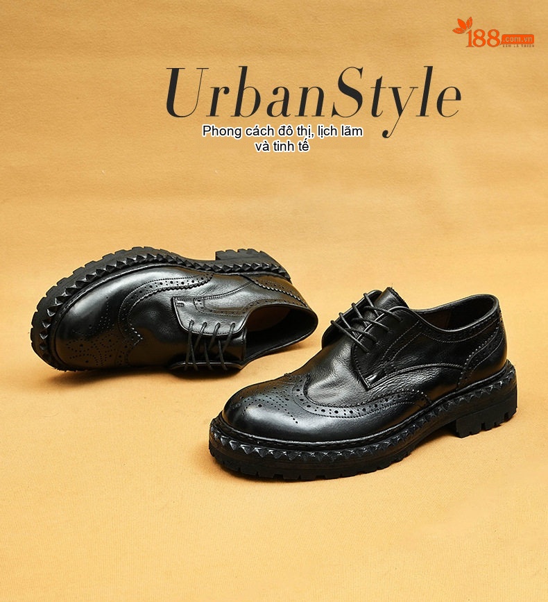 Giày Tây Buộc Dây Nam Da Ngựa Rửa Nước Chiều Cao Đế Khoảng 4cm Brogue Màu Đen, Nâu chi tiết 2