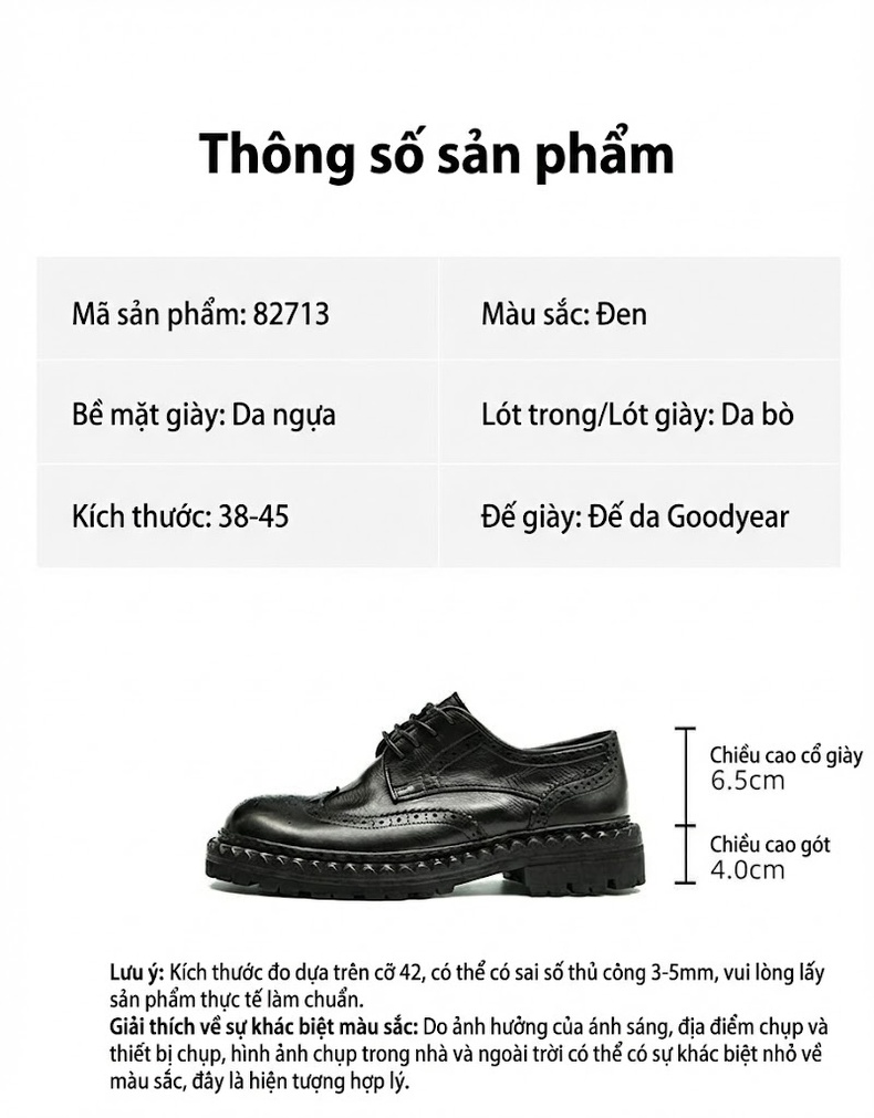 Giày Tây Buộc Dây Nam Da Ngựa Rửa Nước Chiều Cao Đế Khoảng 4cm Brogue Màu Đen, Nâu chi tiết 3