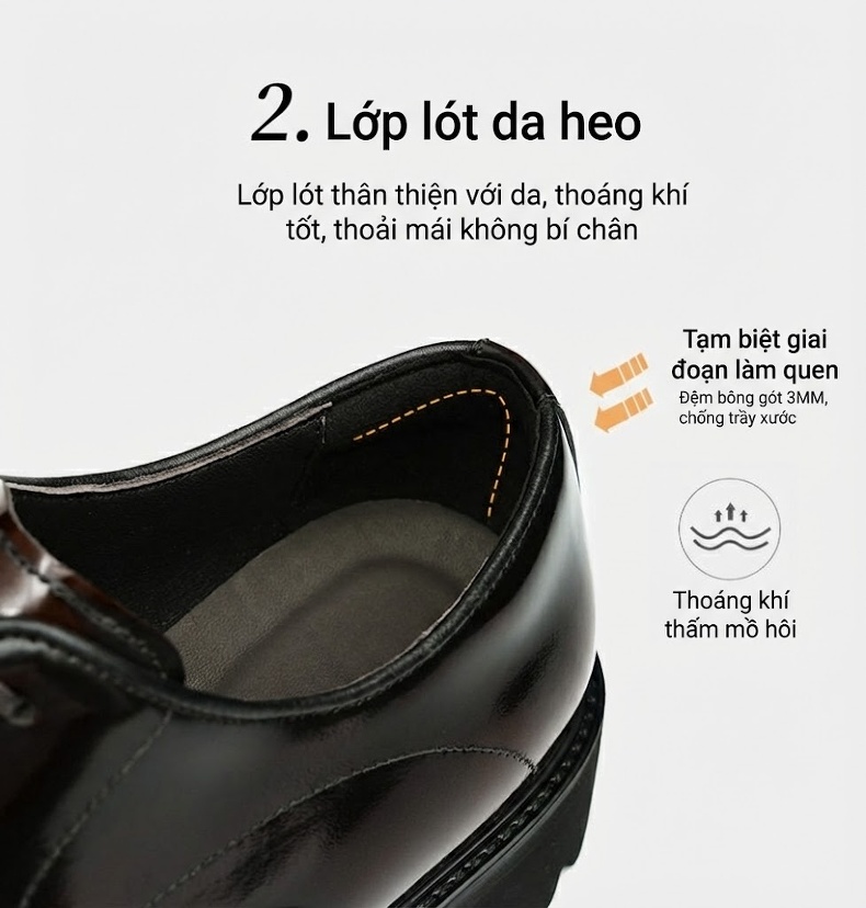 Giày Tây Buộc Dây Nam Da Thật Bề Mặt Bóng Chiều Cao Đế Khoảng 4cm Phong Cách Anh Quốc Màu Đen, Nâu chi tiết 9