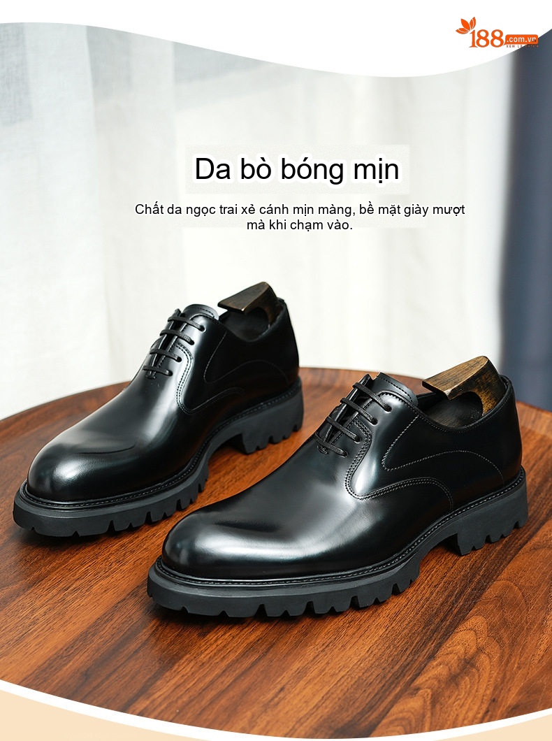 Giày Tây Buộc Dây Nam Da Thật Bề Mặt Bóng Chiều Cao Đế Khoảng 4cm Phong Cách Anh Quốc Màu Đen, Nâu chi tiết 3