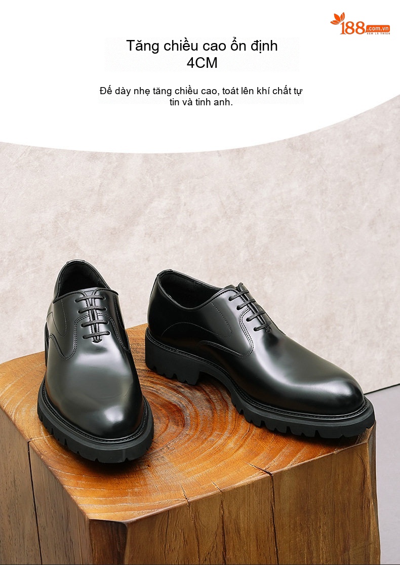 Giày Tây Buộc Dây Nam Da Thật Bề Mặt Bóng Chiều Cao Đế Khoảng 4cm Phong Cách Anh Quốc Màu Đen, Nâu chi tiết 5