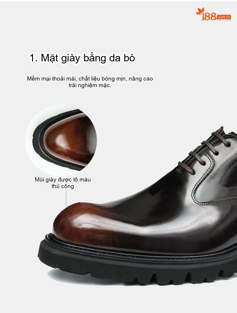 Giày Tây Buộc Dây Nam Da Thật Bề Mặt Bóng Chiều Cao Đế Khoảng 4cm Phong Cách Anh Quốc Màu Đen, Nâu chi tiết 8