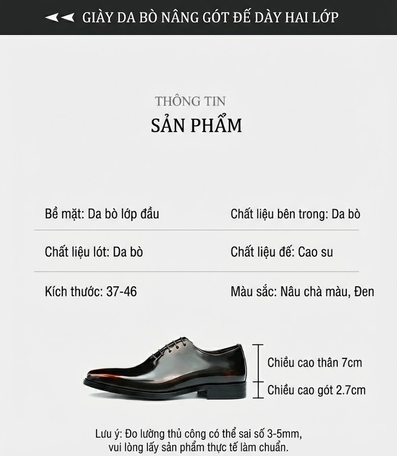 Giày Tây Buộc Dây Nam Da Thật Bóng Chiều Cao Đế Khoảng 3cm Màu Đen chi tiết 8