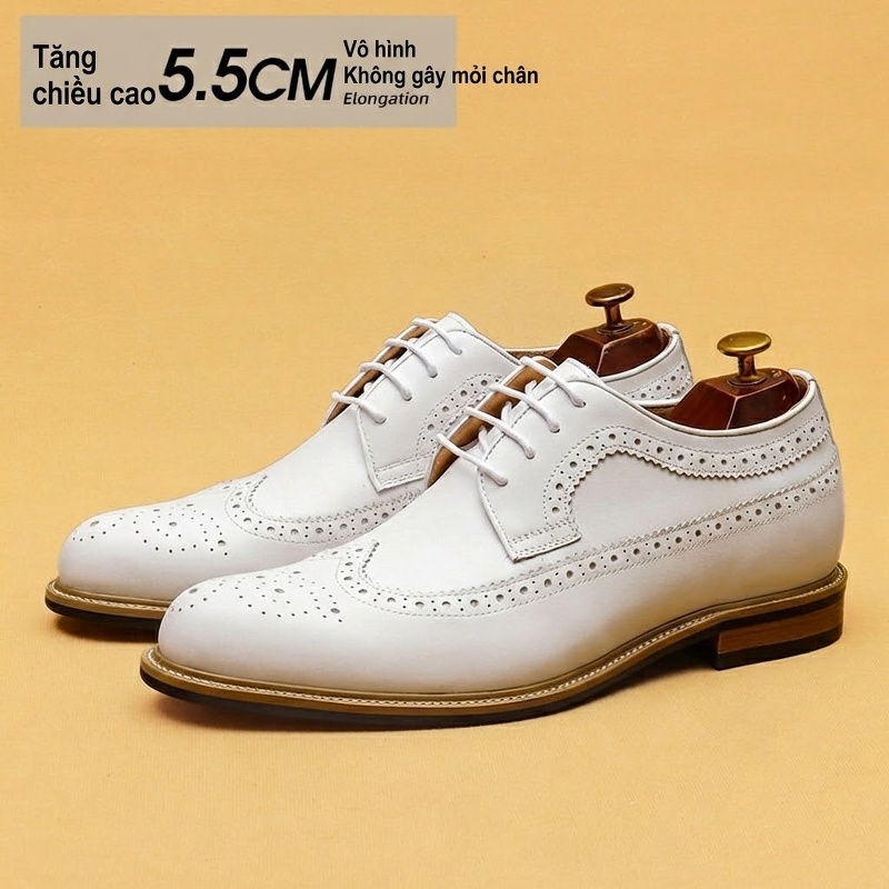 Giày Tây Buộc Dây Nam Da Thật Brogue Chiều Cao Đế 5.5cm Màu Trắng
