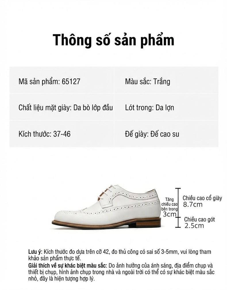 Giày Tây Buộc Dây Nam Da Thật Brogue Chiều Cao Đế 5.5cm Màu Trắng chi tiết 2