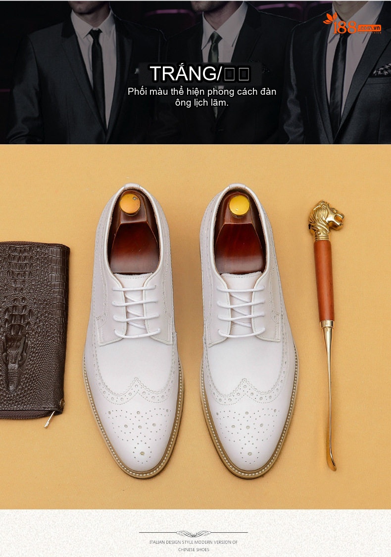 Giày Tây Buộc Dây Nam Da Thật Brogue Chiều Cao Đế 5.5cm Màu Trắng chi tiết 4
