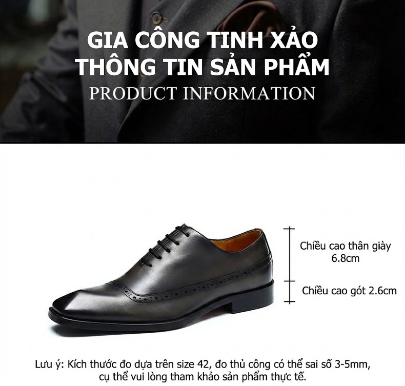 Giày Tây Buộc Dây Nam Da Thật Brogue Chiều Cao Đế Khoảng 3cm Màu Đen, Nâu chi tiết 5