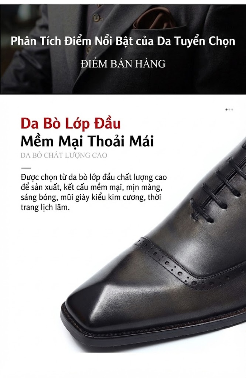Giày Tây Buộc Dây Nam Da Thật Brogue Chiều Cao Đế Khoảng 3cm Màu Đen, Nâu chi tiết 7