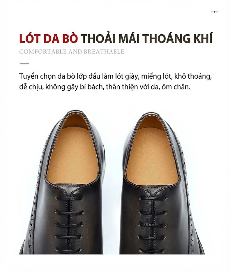 Giày Tây Buộc Dây Nam Da Thật Brogue Chiều Cao Đế Khoảng 3cm Màu Đen, Nâu chi tiết 8