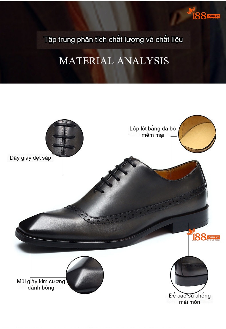 Giày Tây Buộc Dây Nam Da Thật Brogue Chiều Cao Đế Khoảng 3cm Màu Đen, Nâu chi tiết 4