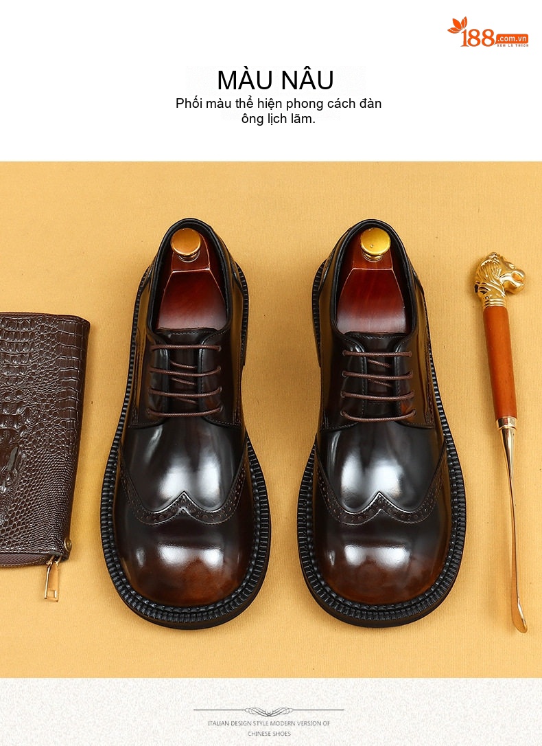 Giày Tây Buộc Dây Nam Da Thật Brogue Chiều Cao Đế Khoảng 3cm Màu Đen, Nâu chi tiết 2