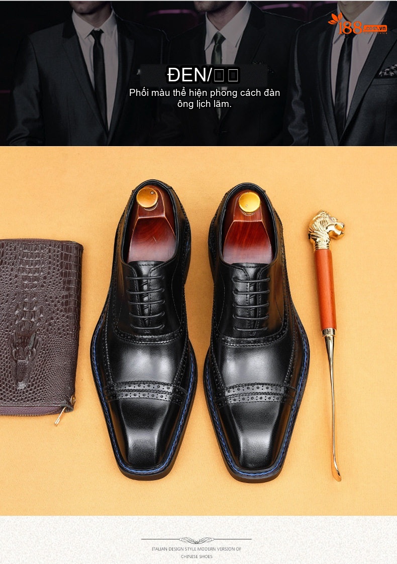 Giày Tây Buộc Dây Nam Da Thật Brogue Chiều Cao Đế Khoảng 3cm Màu Đen, Nâu chi tiết 3