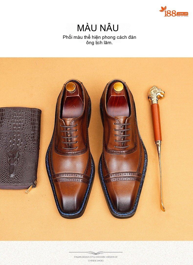 Giày Tây Buộc Dây Nam Da Thật Brogue Chiều Cao Đế Khoảng 3cm Màu Đen, Nâu chi tiết 11