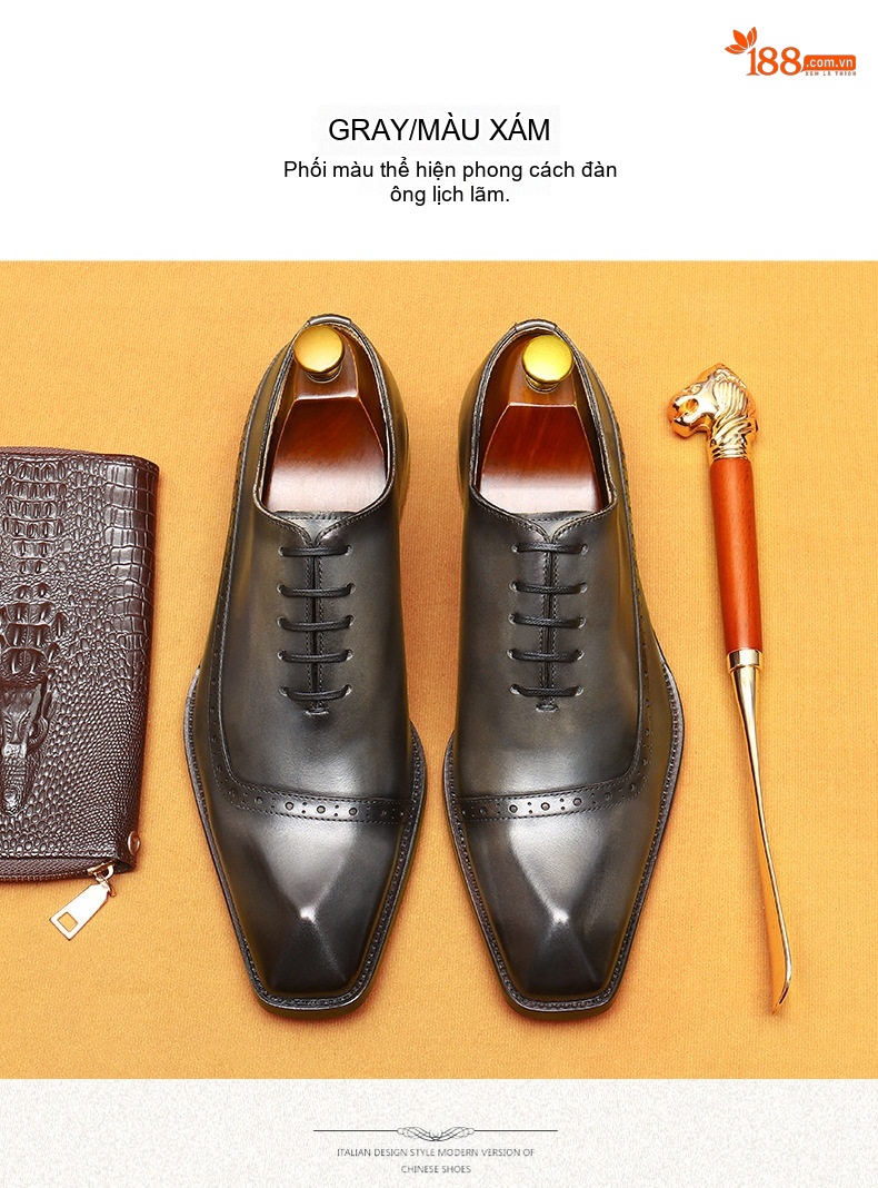 Giày Tây Buộc Dây Nam Da Thật Brogue Chiều Cao Đế Khoảng 3cm Màu Đen, Nâu, Xám chi tiết 20