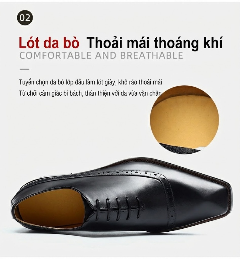 Giày Tây Buộc Dây Nam Da Thật Brogue Chiều Cao Đế Khoảng 3cm Màu Đen, Nâu, Xám chi tiết 29
