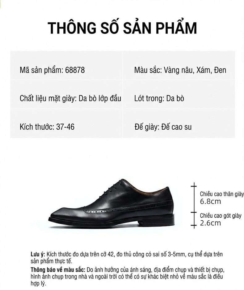 Giày Tây Buộc Dây Nam Da Thật Brogue Chiều Cao Đế Khoảng 3cm Màu Đen, Nâu, Xám chi tiết 2
