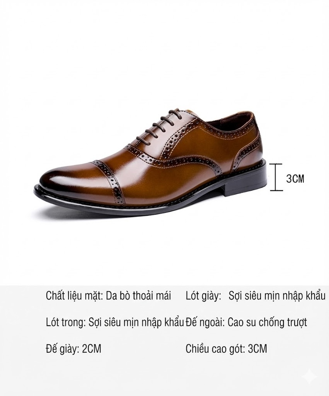 Giày Tây Buộc Dây Nam Da Thật Brogue Chiều Cao Đế Khoảng 3cm Màu Nâu chi tiết 3