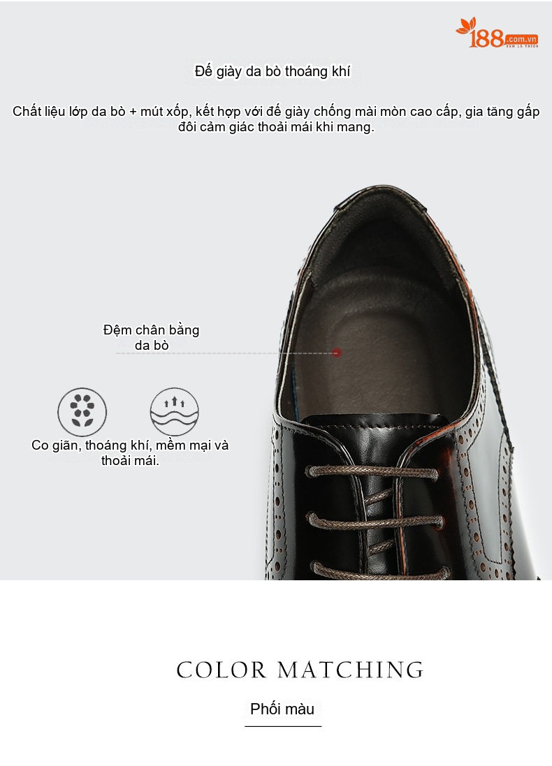 Giày Tây Buộc Dây Nam Da Thật Brogue Chiều Cao Đế Khoảng 4cm Màu Đen, Nâu chi tiết 10