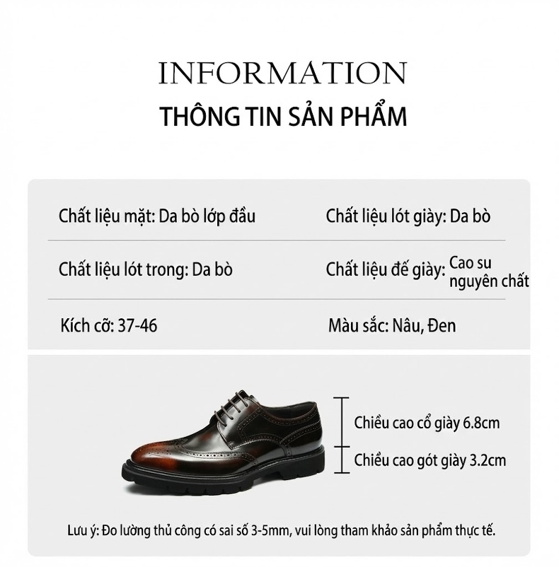 Giày Tây Buộc Dây Nam Da Thật Brogue Chiều Cao Đế Khoảng 4cm Màu Đen, Nâu chi tiết 12