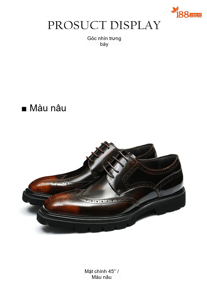 Giày Tây Buộc Dây Nam Da Thật Brogue Chiều Cao Đế Khoảng 4cm Màu Đen, Nâu chi tiết 14