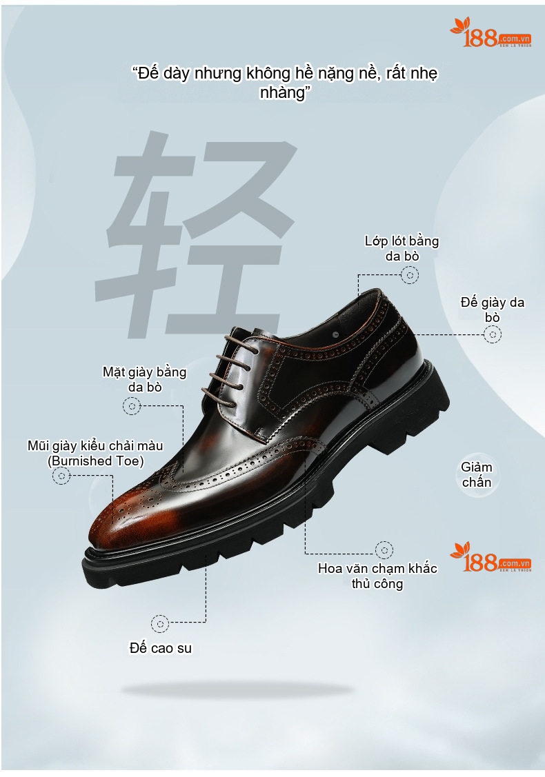 Giày Tây Buộc Dây Nam Da Thật Brogue Chiều Cao Đế Khoảng 4cm Màu Đen, Nâu chi tiết 3