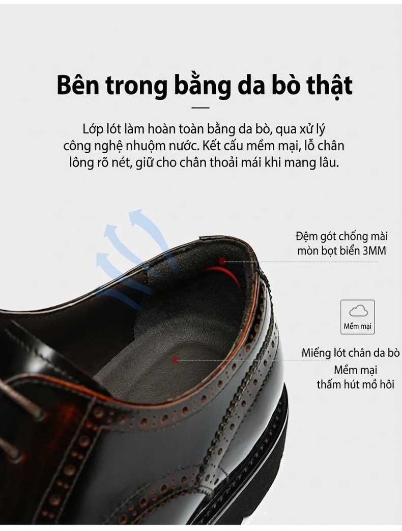 Giày Tây Buộc Dây Nam Da Thật Brogue Chiều Cao Đế Khoảng 4cm Màu Đen, Nâu chi tiết 8