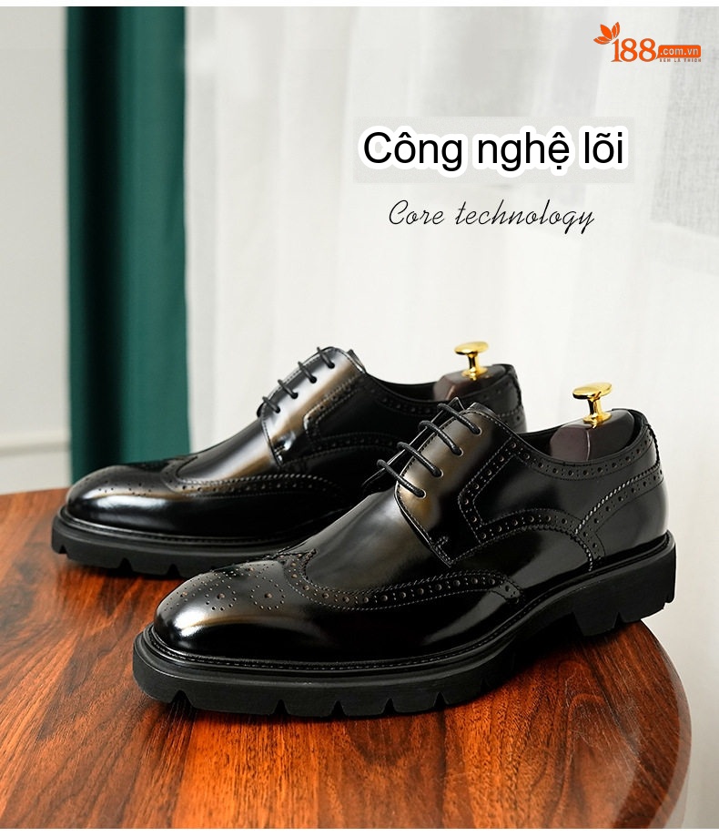 Giày Tây Buộc Dây Nam Da Thật Brogue Chiều Cao Đế Khoảng 4cm Màu Đen, Nâu chi tiết 2