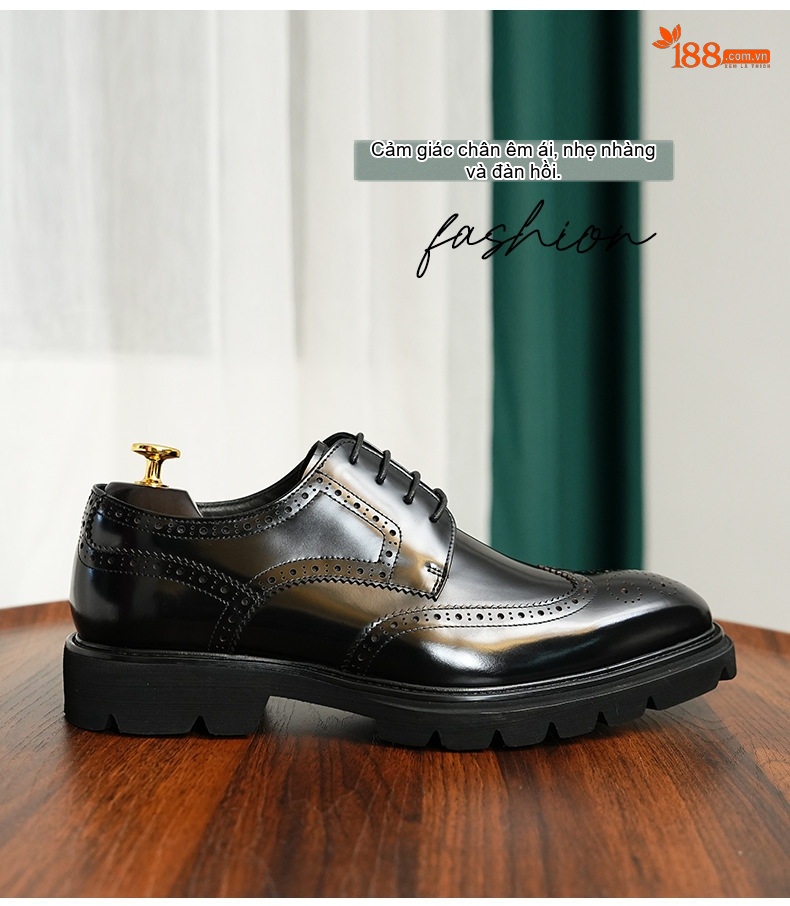 Giày Tây Buộc Dây Nam Da Thật Brogue Chiều Cao Đế Khoảng 4cm Màu Đen, Nâu chi tiết 4