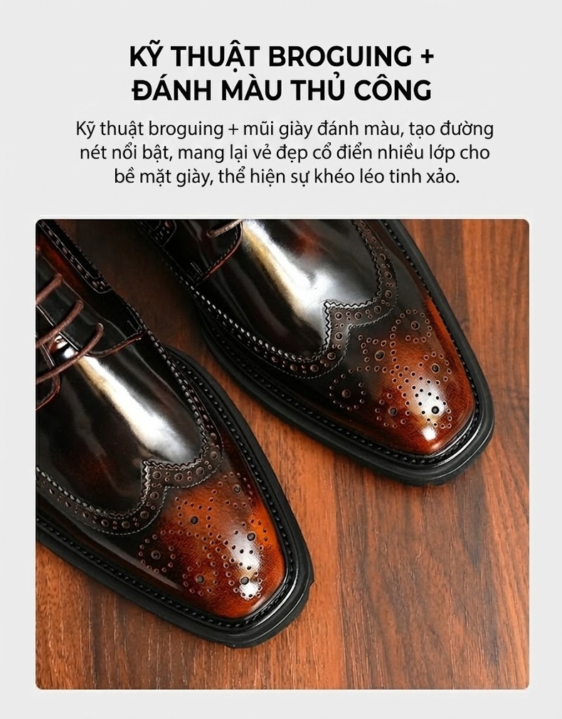 Giày Tây Buộc Dây Nam Da Thật Brogue Chiều Cao Đế Khoảng 4cm Màu Đen, Nâu chi tiết 6