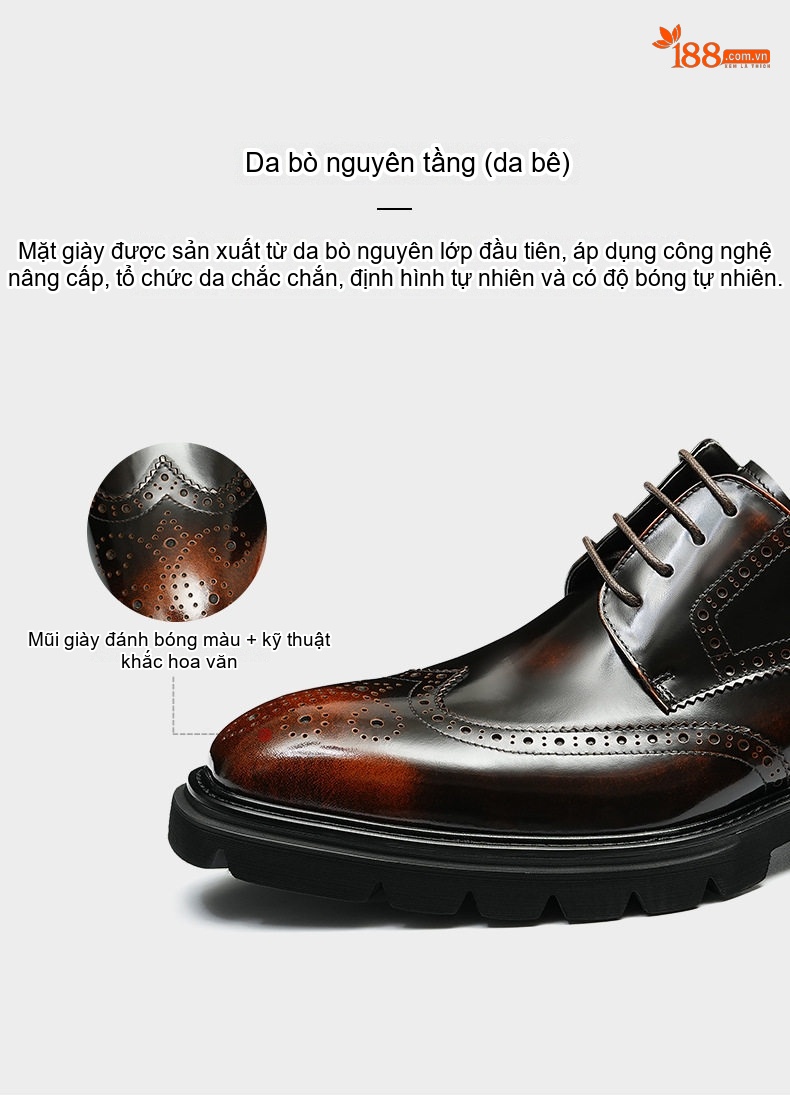 Giày Tây Buộc Dây Nam Da Thật Brogue Chiều Cao Đế Khoảng 4cm Màu Đen, Nâu chi tiết 7