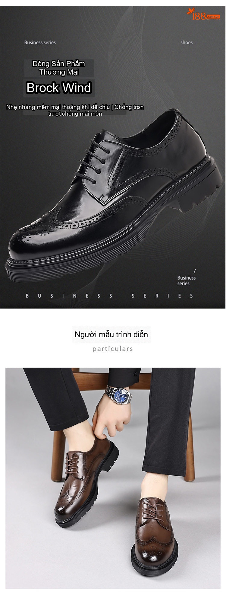 Giày Tây Buộc Dây Nam Da Thật Brogue Chiều Cao Đế Khoảng 4cm Màu Nâu, Đen chi tiết 7