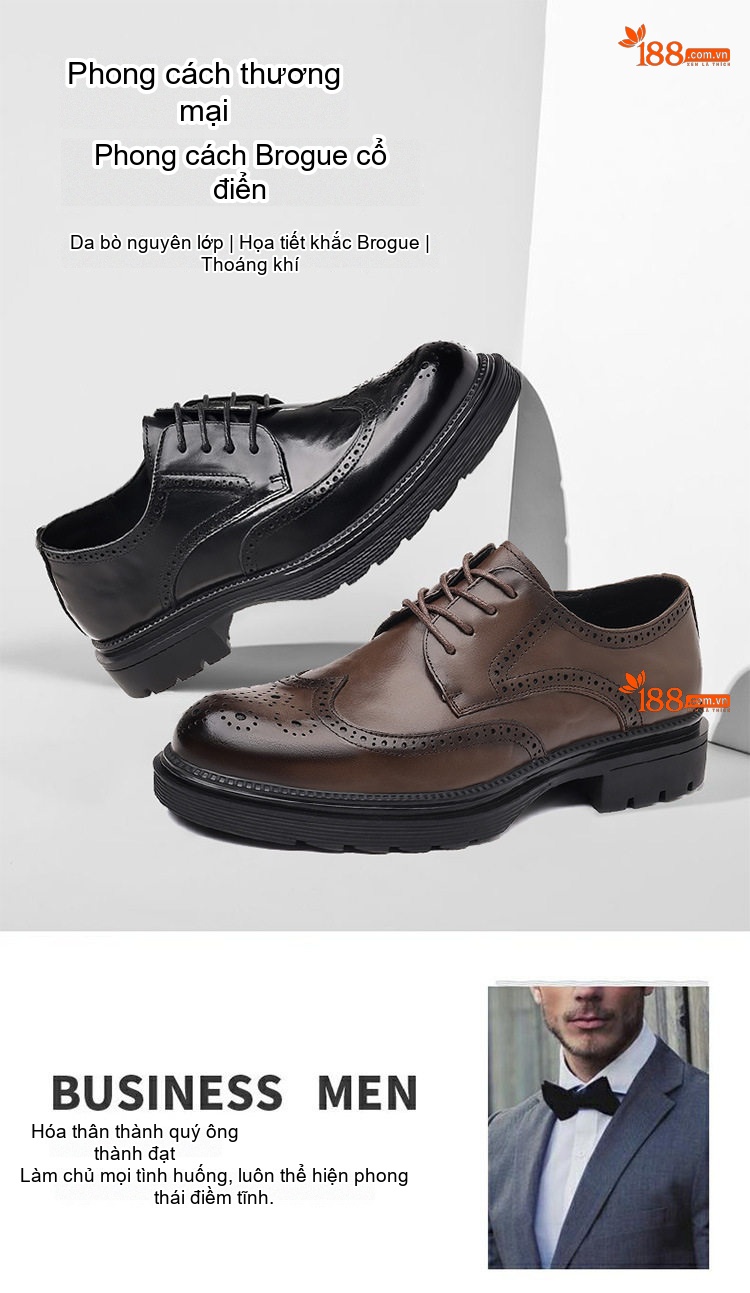 Giày Tây Buộc Dây Nam Da Thật Brogue Chiều Cao Đế Khoảng 4cm Màu Nâu, Đen chi tiết 1