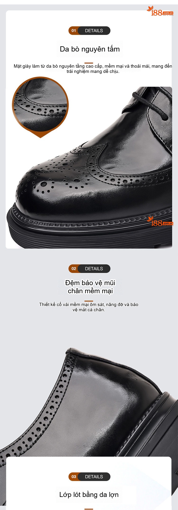 Giày Tây Buộc Dây Nam Da Thật Brogue Chiều Cao Đế Khoảng 4cm Màu Nâu, Đen chi tiết 5