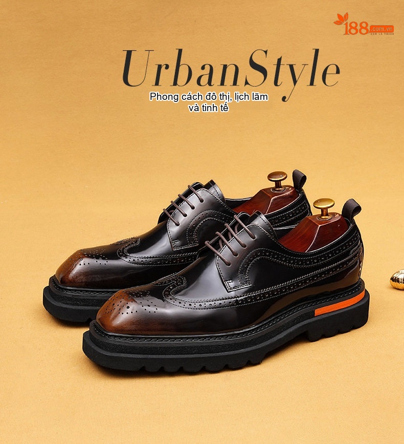 Giày Tây Buộc Dây Nam Da Thật Brogue Chiều Cao Đế Khoảng 5cm Màu Đen, Nâu chi tiết 1