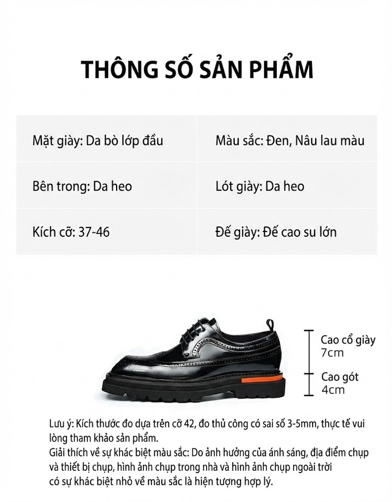 Giày Tây Buộc Dây Nam Da Thật Brogue Chiều Cao Đế Khoảng 5cm Màu Đen, Nâu chi tiết 2