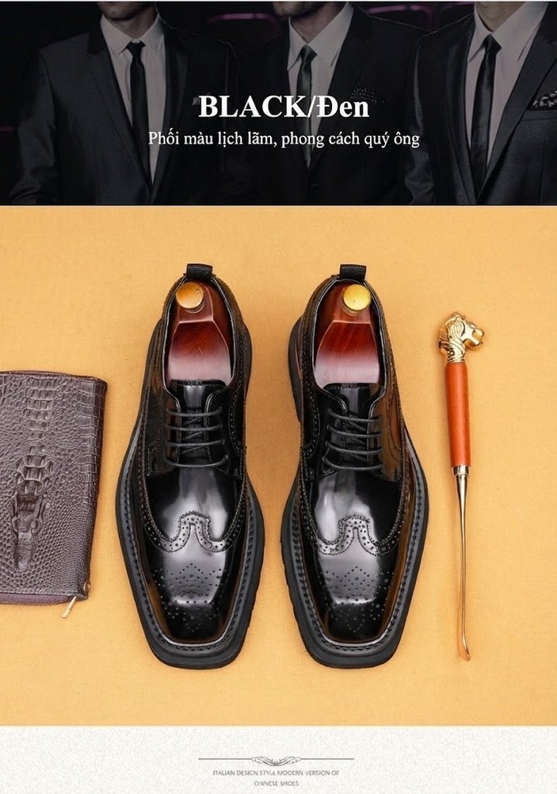 Giày Tây Buộc Dây Nam Da Thật Brogue Chiều Cao Đế Khoảng 5cm Màu Đen, Nâu chi tiết 4