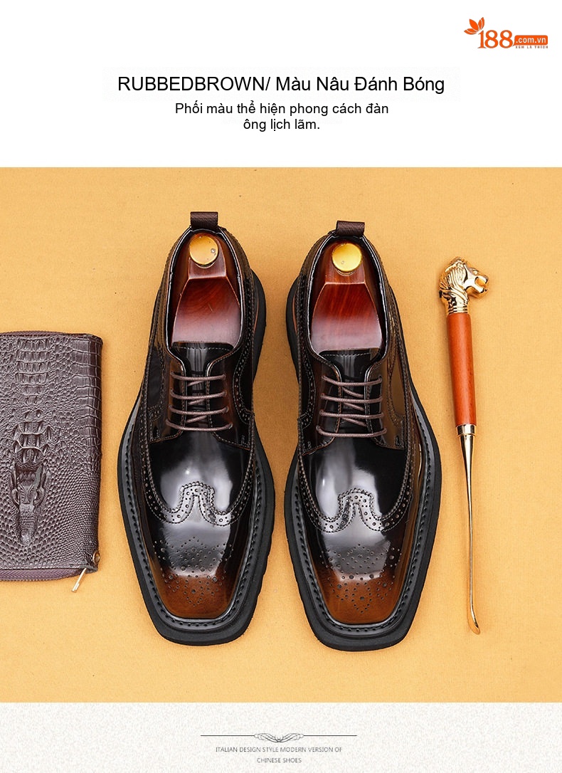 Giày Tây Buộc Dây Nam Da Thật Brogue Chiều Cao Đế Khoảng 5cm Màu Đen, Nâu chi tiết 12