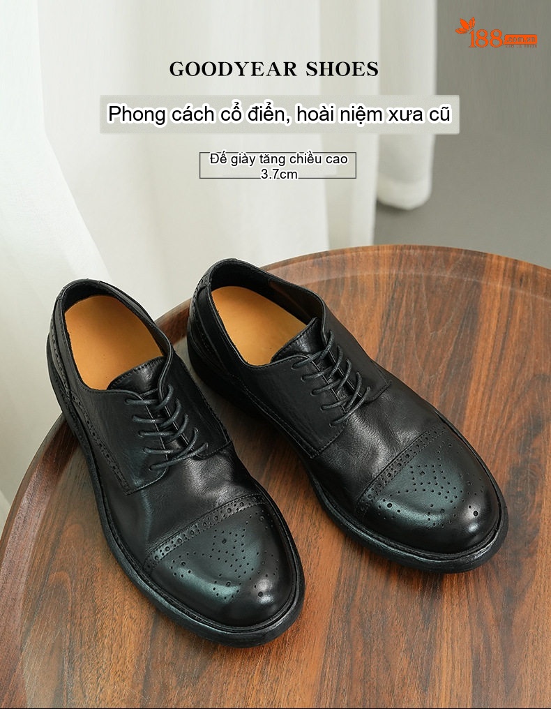 Giày Tây Buộc Dây Nam Da Thật Brogue Thủ Công Chiều Cao Đế Khoảng 3cm Màu Đen chi tiết 1