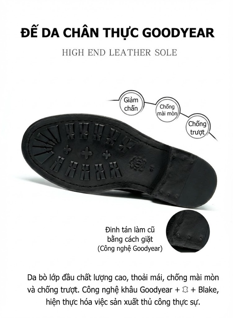Giày Tây Buộc Dây Nam Da Thật Brogue Thủ Công Chiều Cao Đế Khoảng 3cm Màu Đen chi tiết 5