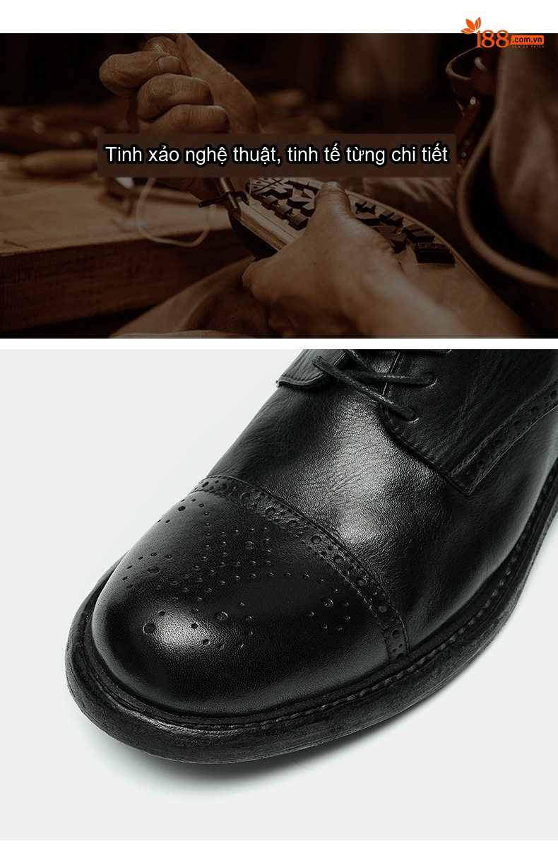 Giày Tây Buộc Dây Nam Da Thật Brogue Thủ Công Chiều Cao Đế Khoảng 3cm Màu Đen chi tiết 6