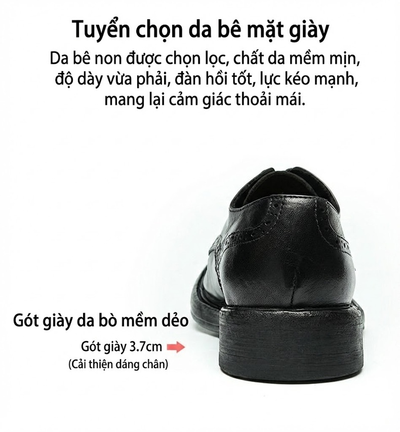 Giày Tây Buộc Dây Nam Da Thật Brogue Thủ Công Chiều Cao Đế Khoảng 3cm Màu Đen chi tiết 7