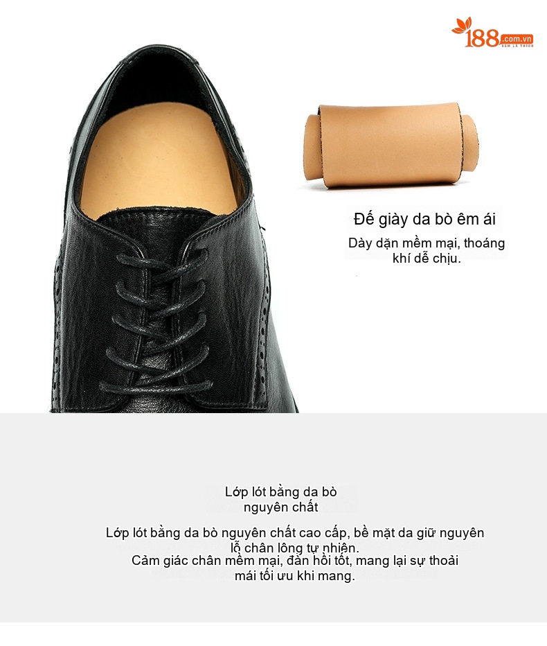 Giày Tây Buộc Dây Nam Da Thật Brogue Thủ Công Chiều Cao Đế Khoảng 3cm Màu Đen chi tiết 8