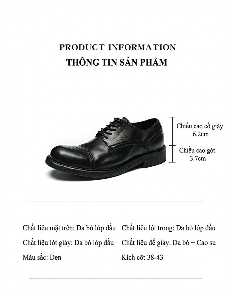 Giày Tây Buộc Dây Nam Da Thật Brogue Thủ Công Chiều Cao Đế Khoảng 3cm Màu Đen chi tiết 9