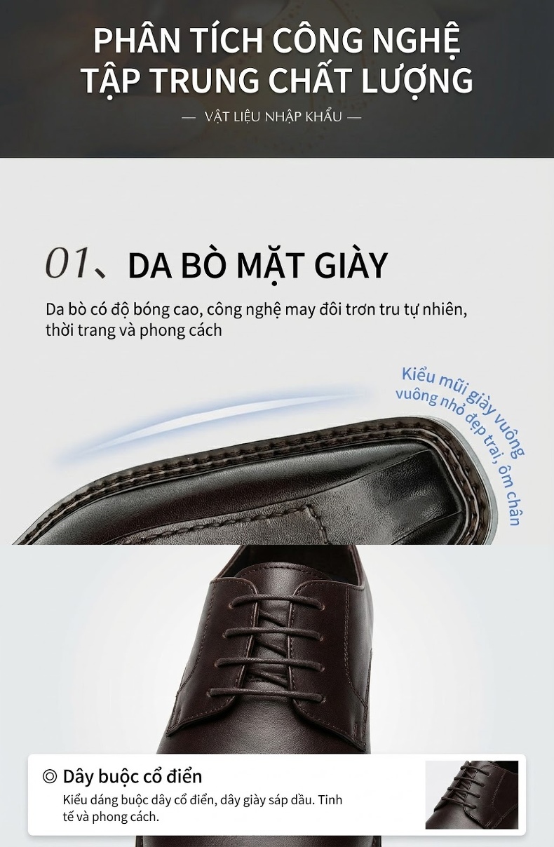 Giày Tây Buộc Dây Nam Da Thật Cao Cấp Mũi Nhọn Oxford Chiều Cao Đế Khoảng 3cm Màu Đen, Nâu chi tiết 7