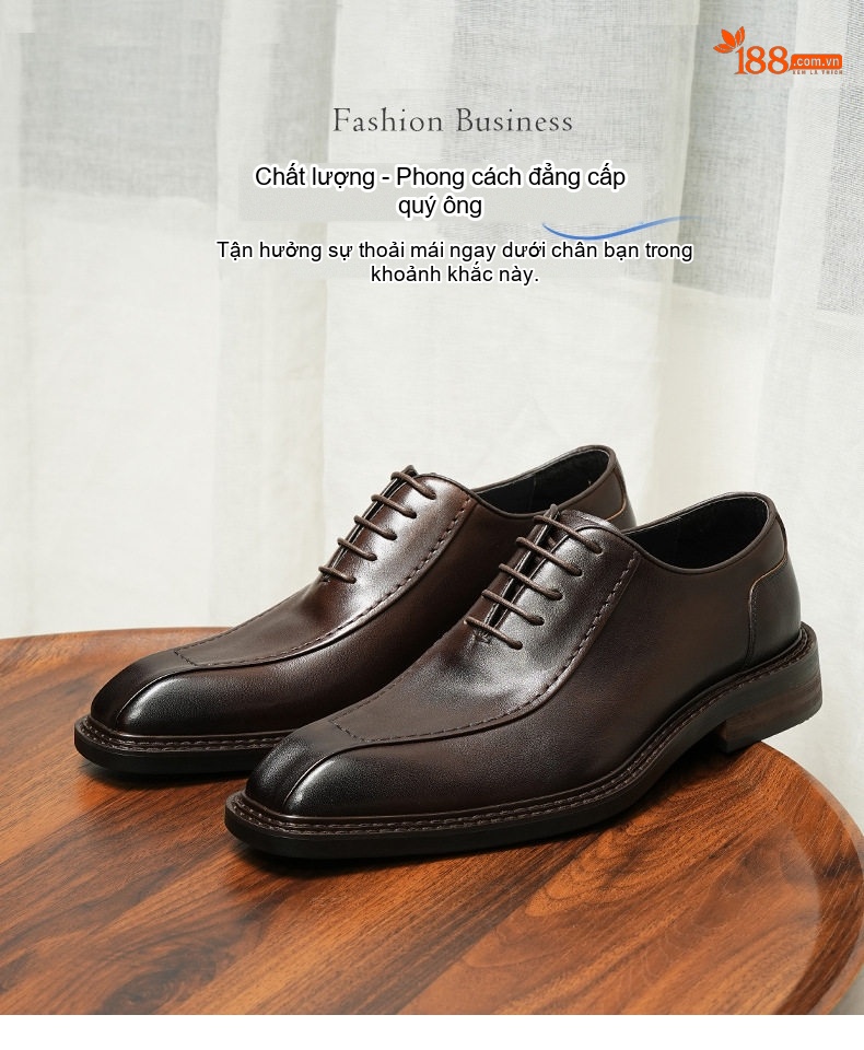 Giày Tây Buộc Dây Nam Da Thật Cao Cấp Mũi Nhọn Oxford Chiều Cao Đế Khoảng 3cm Màu Đen, Nâu chi tiết 1